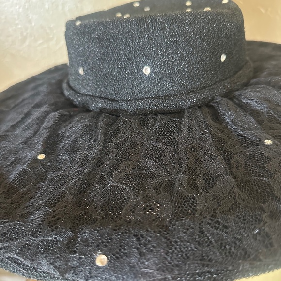 GLITZY 1950\'s BLACK FABRIC/LACE  WIDE BRIM HAT + RHINESTONES main image 6